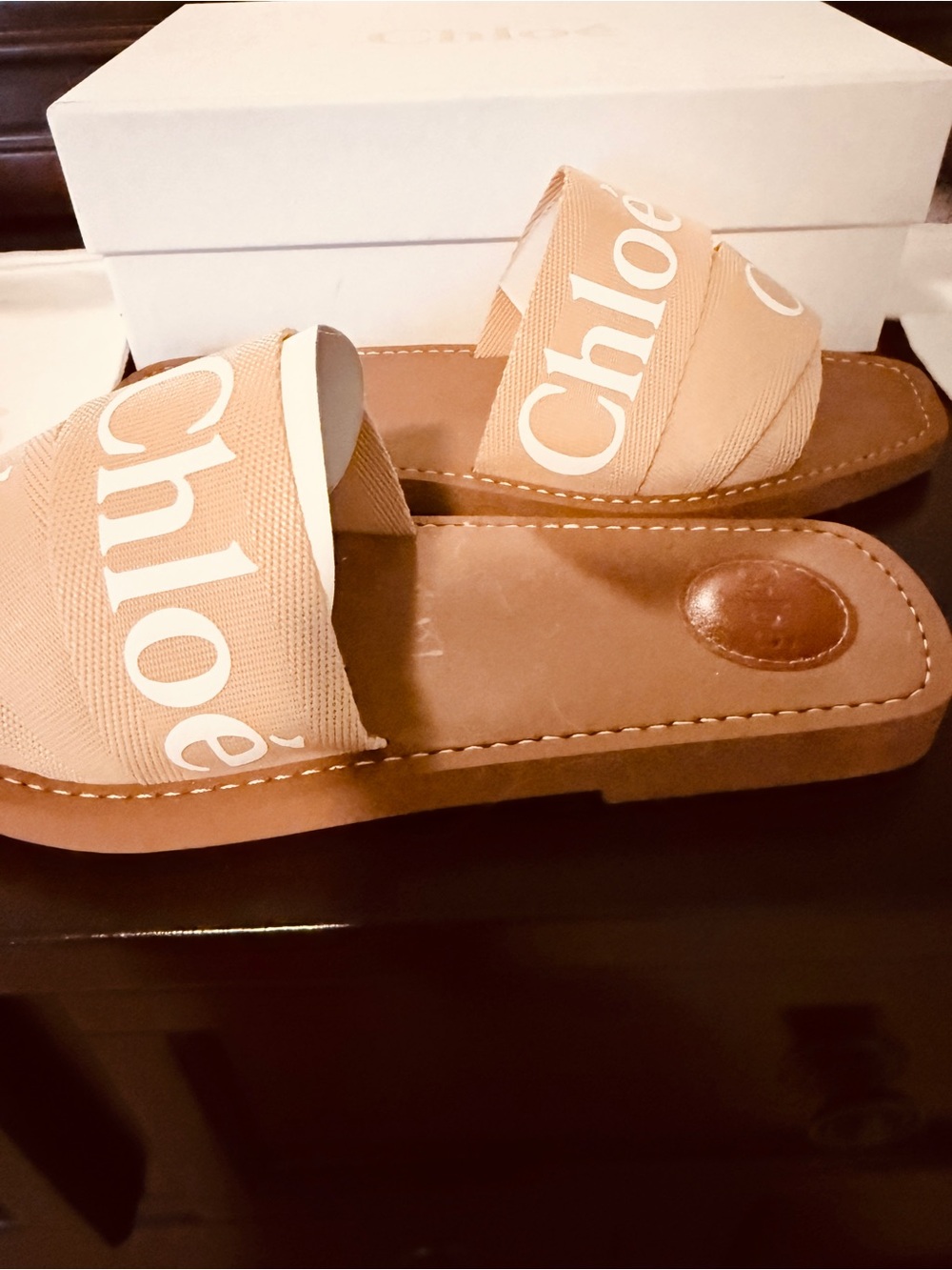 Chloe Tan Logo Slide Sandals Soft Tan